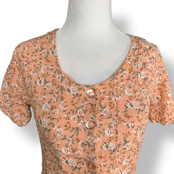 Vintage 90s Peach Floral Mini Dress Rayon Button Front Short Sleeve Scoopneck - Picture 4 of 11